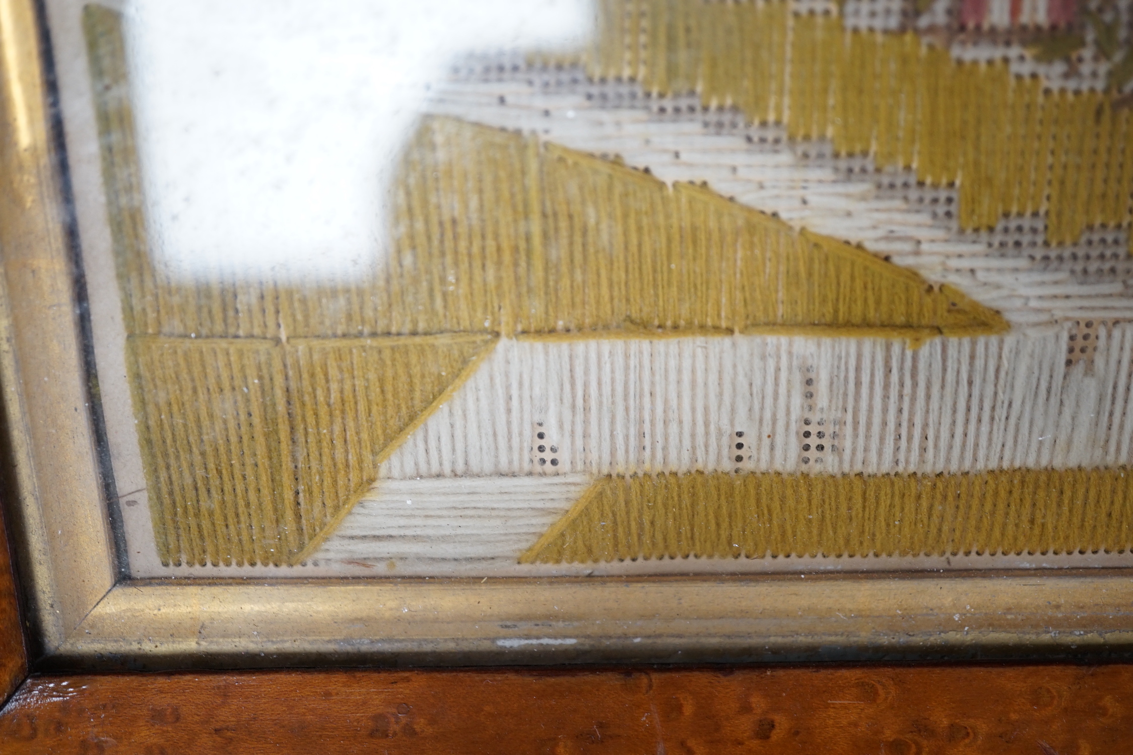 A Victorian woolwork and silk embroidery, 'Windsor Castle', maple framed, 37x55cm including frame